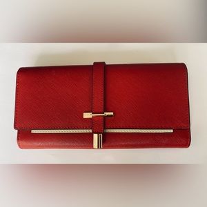 Women Callaghan tri-fold cowhide split leather wine red and creamy white clutch